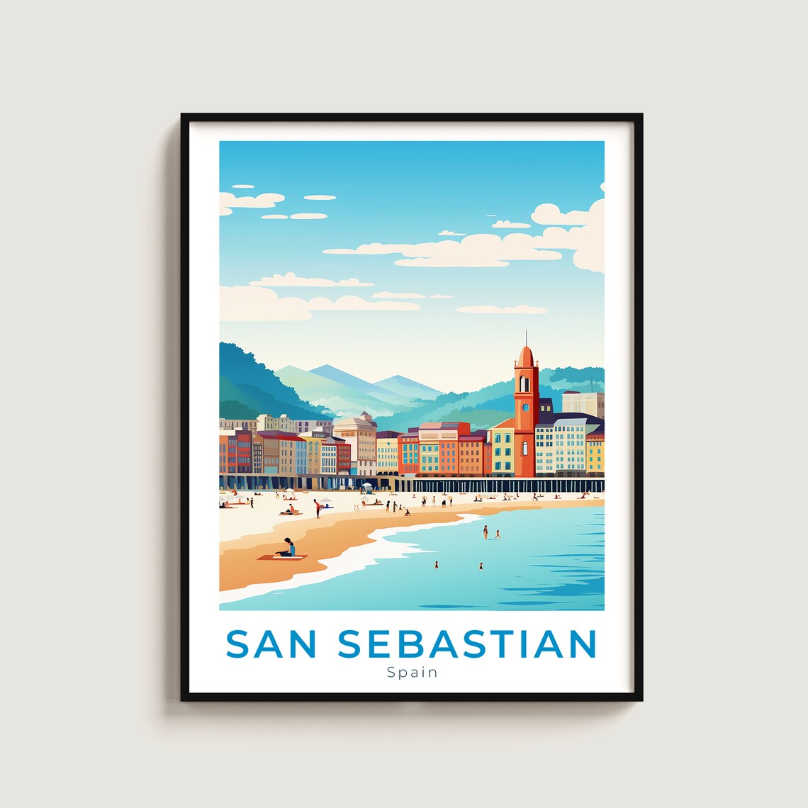 San Sebastian Spain Beach Boardwalk City Skyline Vintage Travel Poster