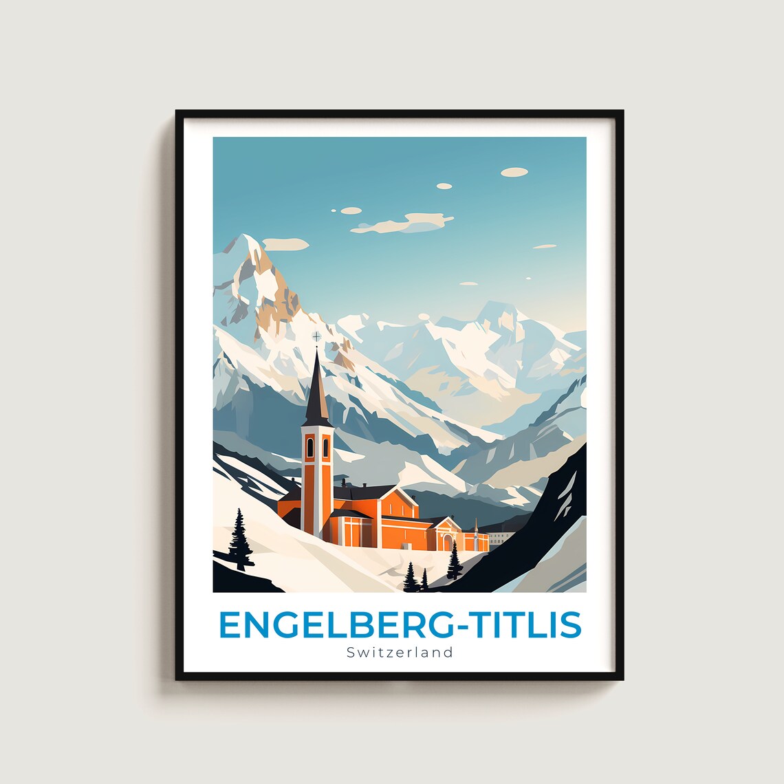 Engelberg Titlis Switzerland Church Snow Vintage Travel Poster