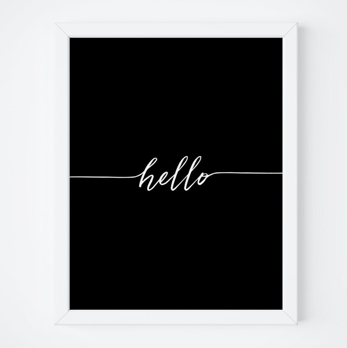 Hello White Script Black Background Modern Calligraphy Art Poster