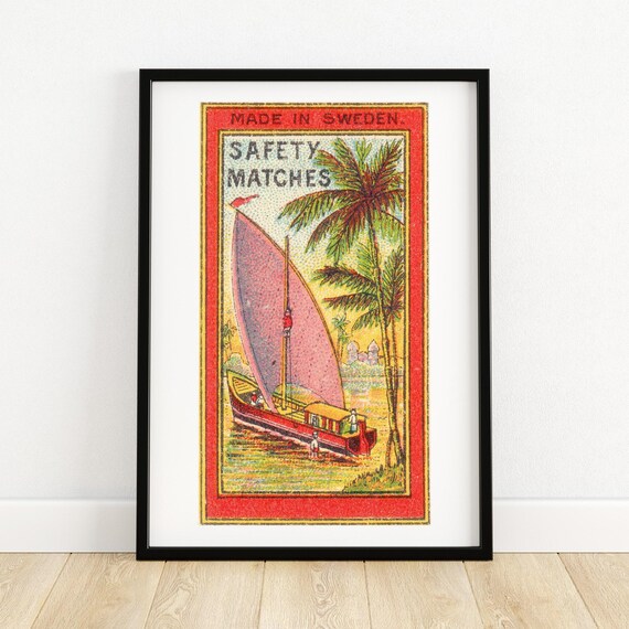 Sailing Boat Art Print Swedish Matchbox Label Design Vintage Tropical Decor Mid Century Nautical Wall Art Collectible Print A4