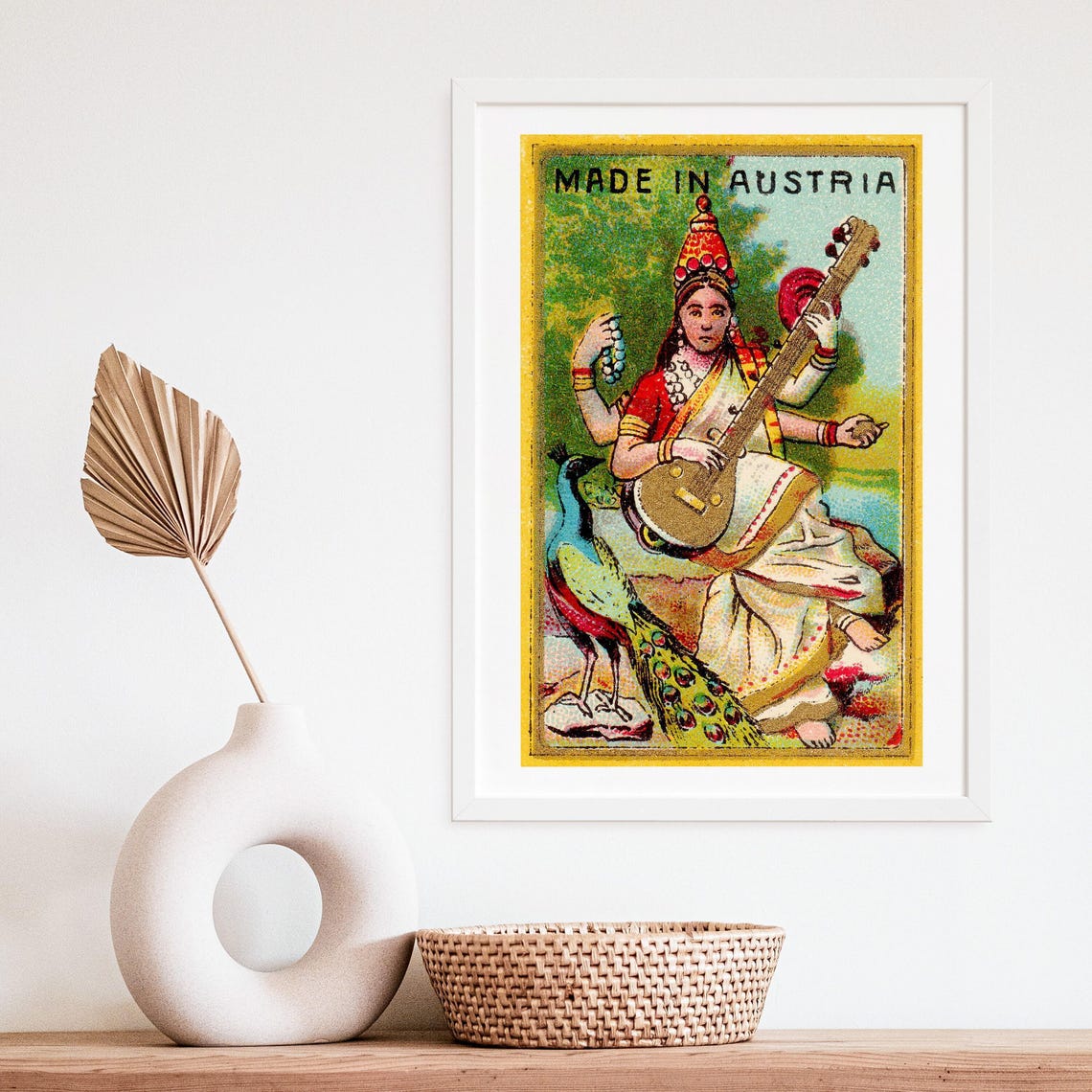 Saraswati Goddess Veena Peacock Austrian Vintage Match Art Poster - Image 4