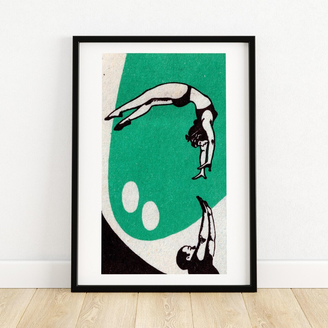 Leap of Faith Two Diver Pair Green Vintage Matchbox Art Poster