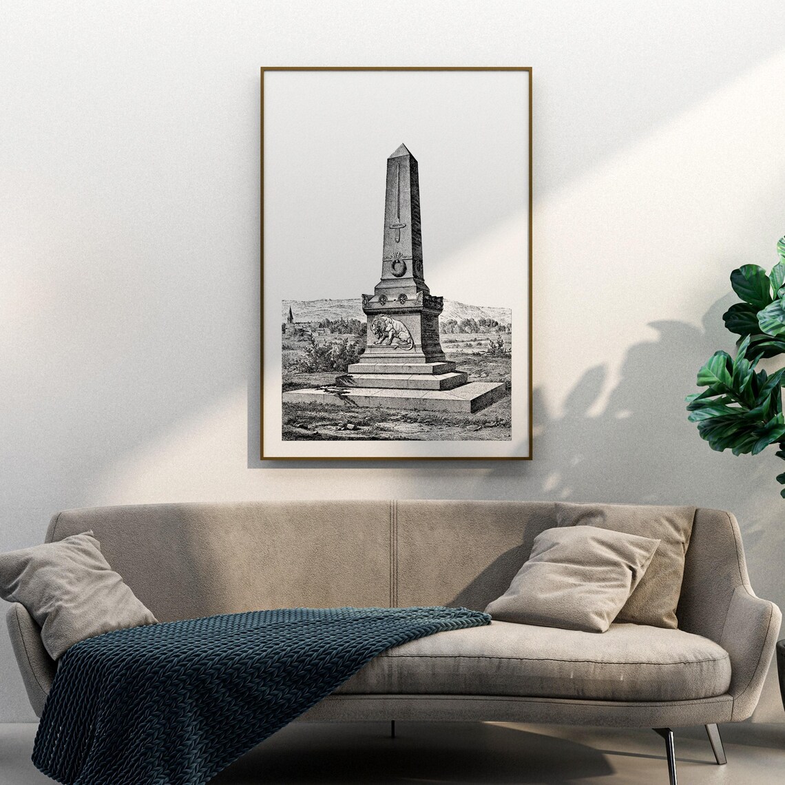 Obelisk War Memorial With Lion Relief 1870 French Engraving Poster - Image 3