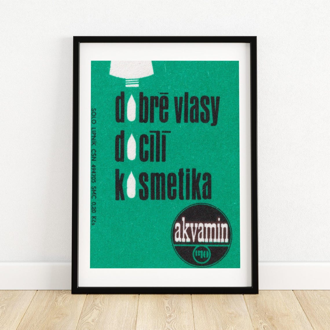 Akvamin Hair Cosmetics Green Droplets Czech Matchbox Label Art Poster