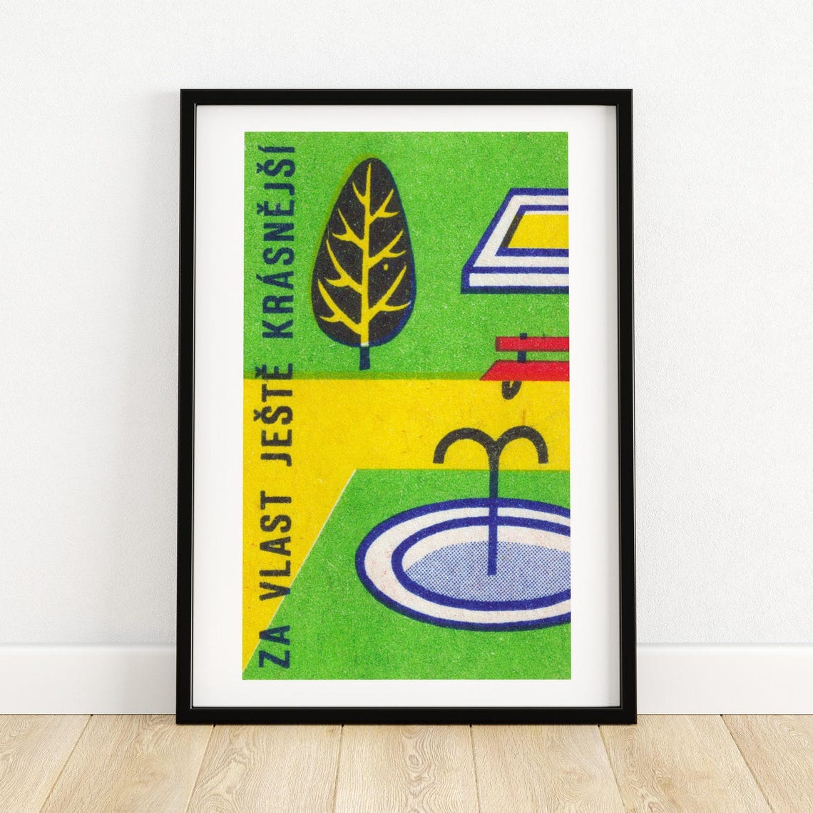 Park Fountain Garden Vintage Czech Matchbox Label Art Poster