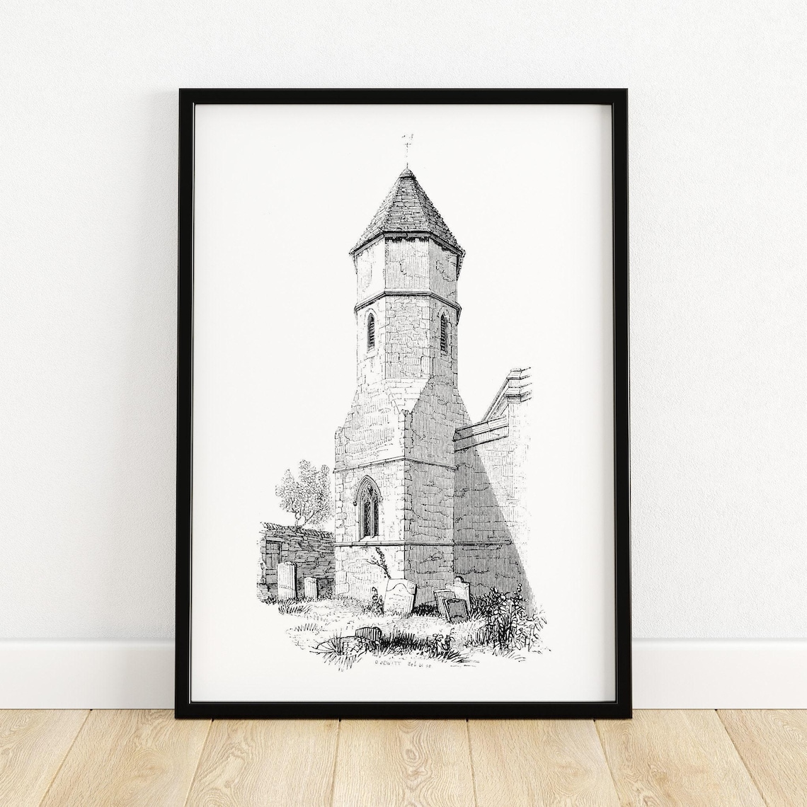 Oxfordshire Stone Church Tower Medieval Spire Engraving Poster