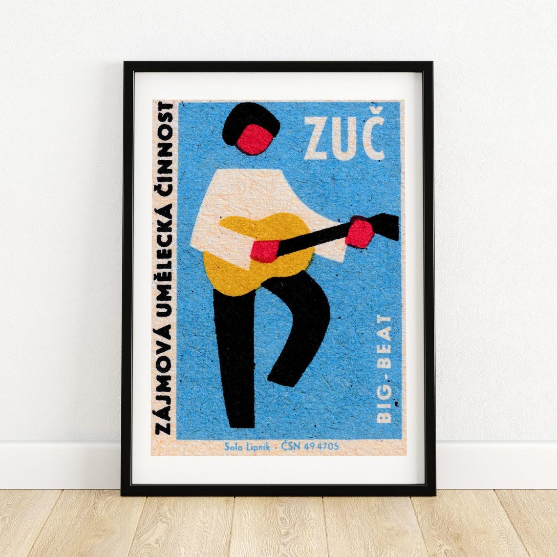 Zuc Big Beat Vintage Czech Guitar Player Matchbox Label Poster