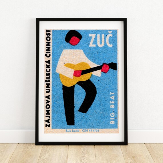 Zuc Big Beat Vintage Czech Guitar Player Matchbox Label Poster