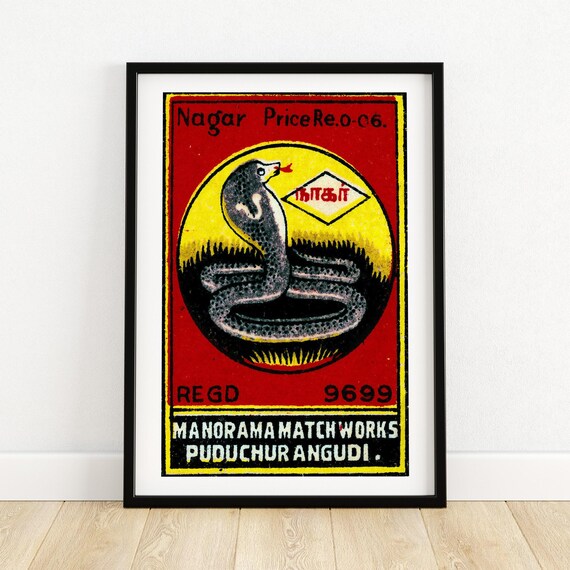 Black Cobra Matchbox Print Aesthetic Wall Art Vintage India Art Matchbox Wall Poster Vintage Poster Print
