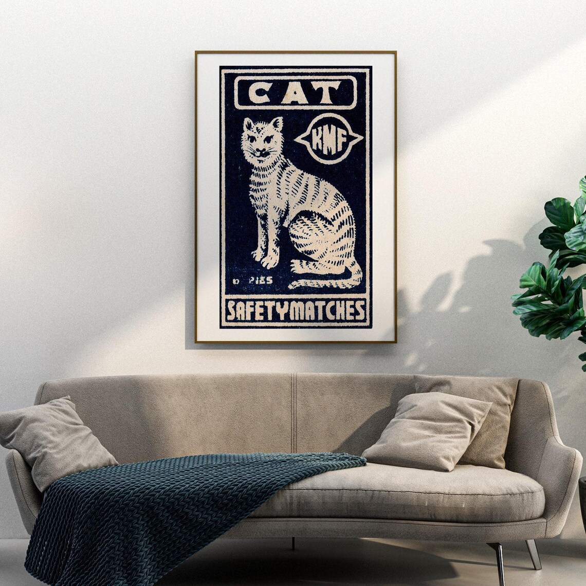 White Cat KMF Safety Matches Label Dark Blue Retro Vintage Feline Poster - Image 3