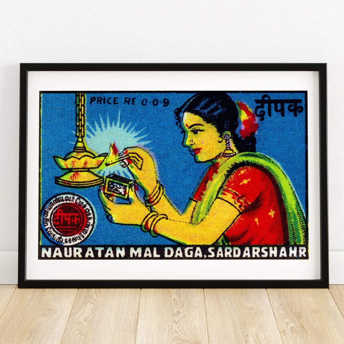 Indian Woman Lighting Diya Lamp Vintage Match Label Art Poster