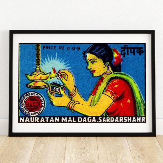 Indian Woman Lighting Lamp Matchbox Print Aesthetic Wall Art Vintage India Art Matchbox Wall Poster Vintage Poster Print