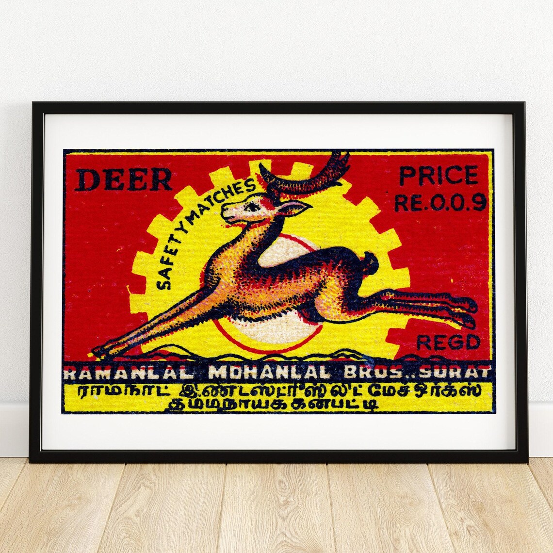 Deer Brand Safety Matches Vintage Leaping Antelope Matchbox Poster