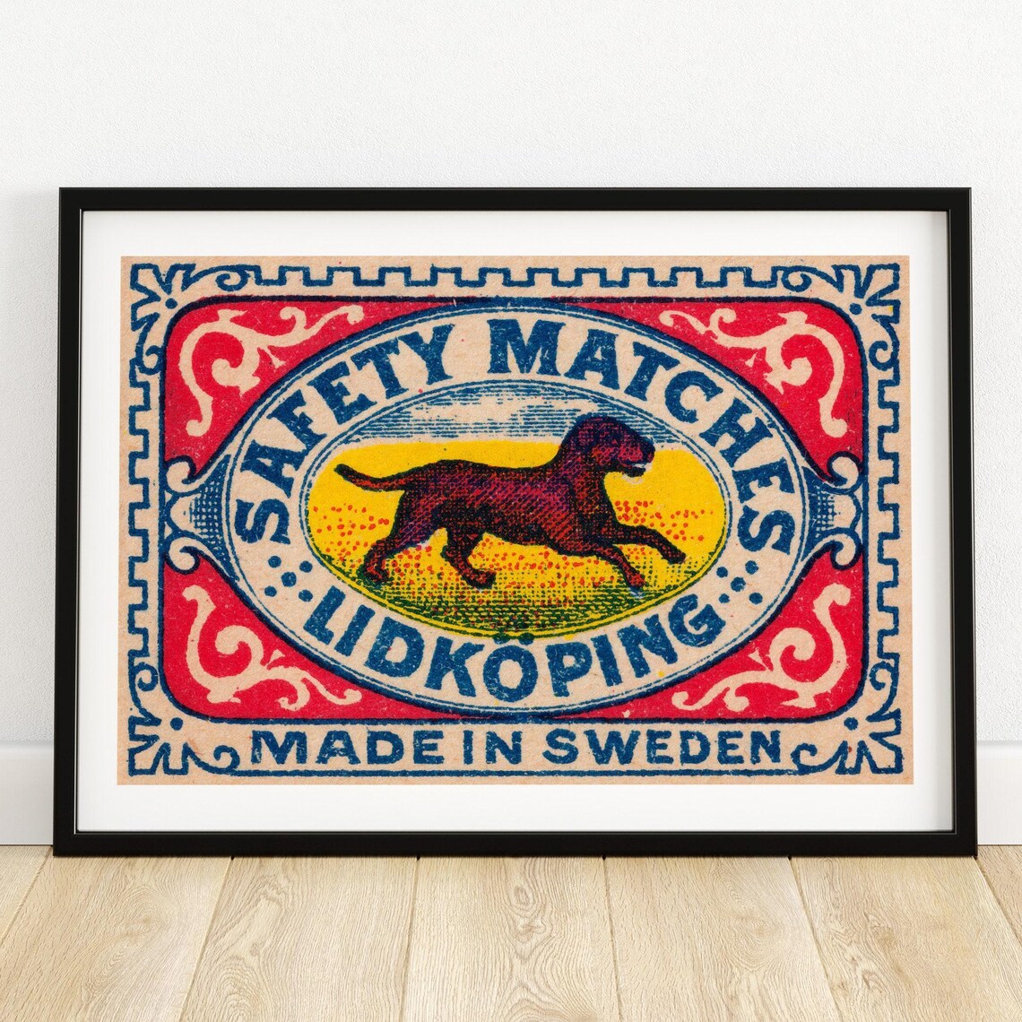 Running Dog Matchbox Print, Vintage Sweden Poster