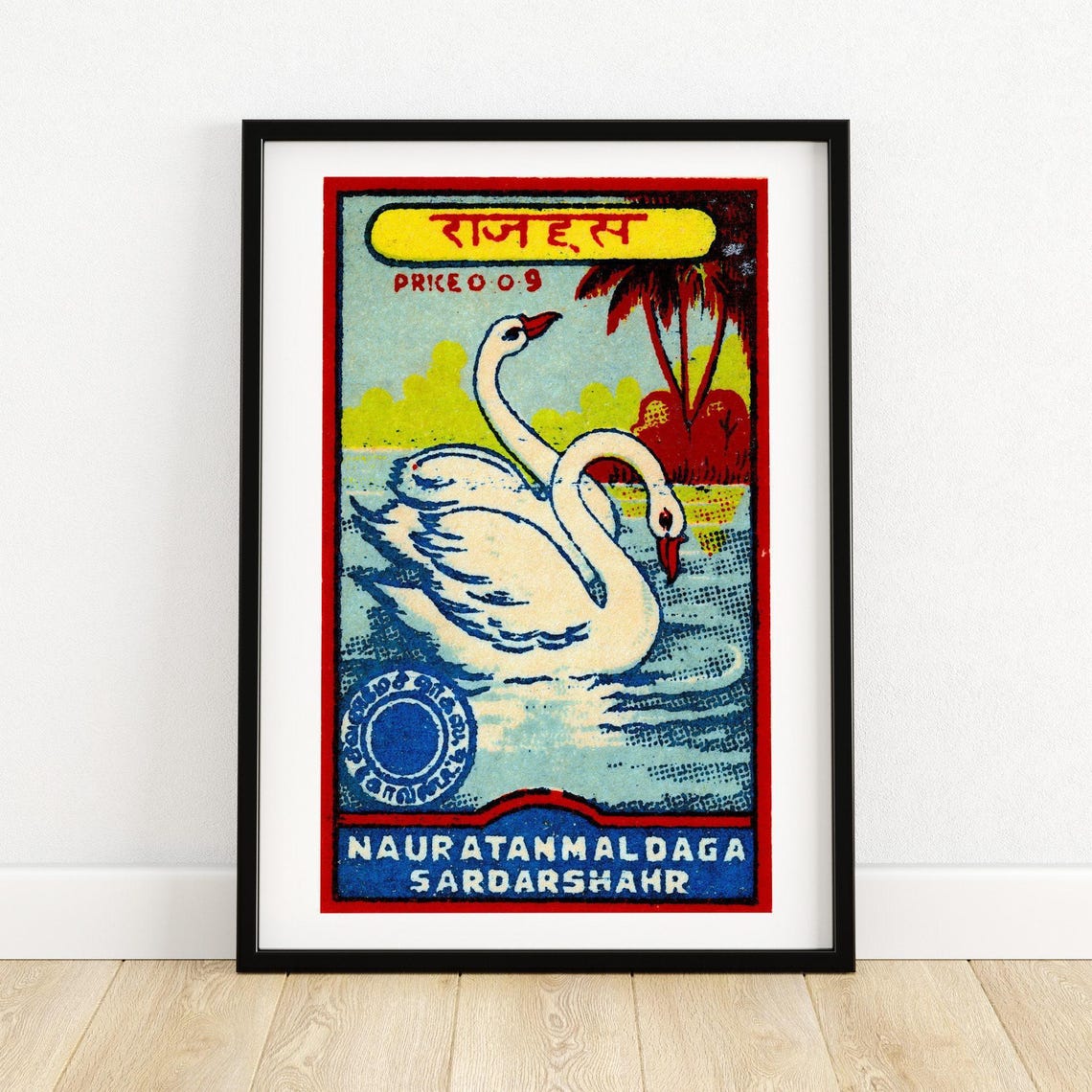 Two White Swans Indian Matchbox Label Rajhans Vintage Poster