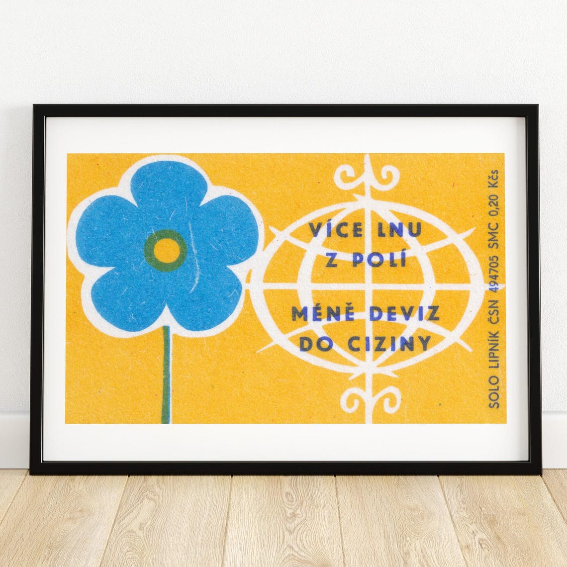 More Flax From Fields Blue Flower Vintage Czech Matchbox Poster