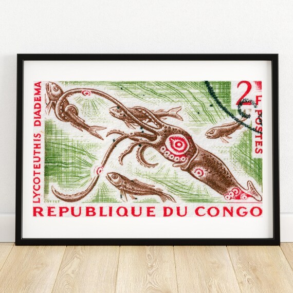 Black Squid Vintage Congo Art Postage Stamp Print Aesthetic Wall Art Postage Stamp Wall Poster Vintage African Art