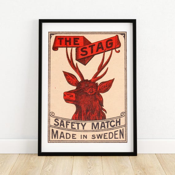 Antique Swedish Matchbox Art Print Stag Illustration Vintage Scandinavian Decor Unique Collectible Wall Art Gift For Enthusiasts A4