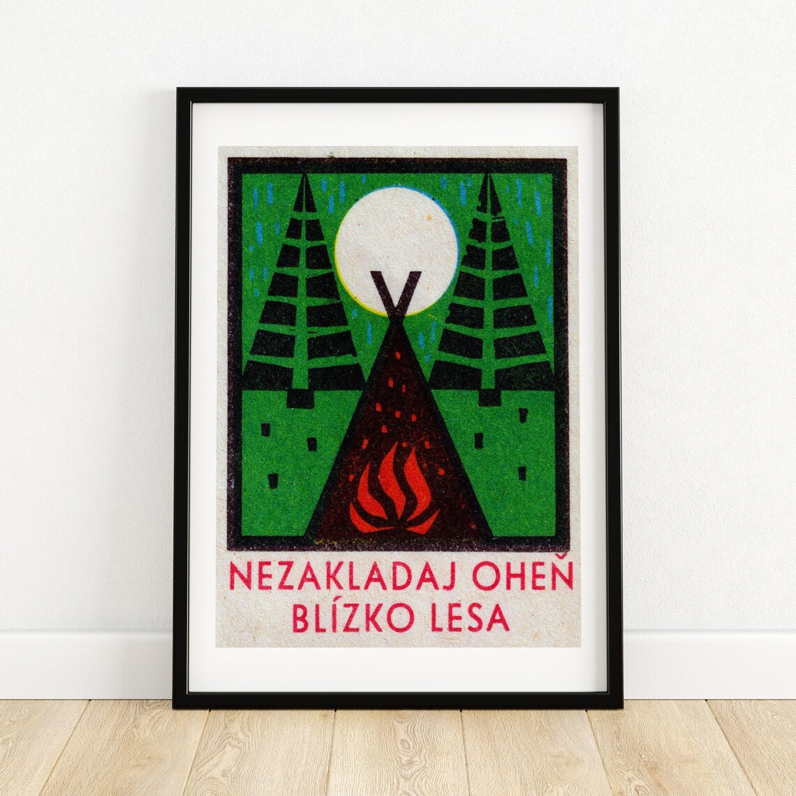 Campfire in Forest Vintage Czech Matchbox Label Fire Warning Moonlight Poster