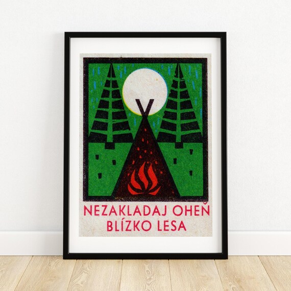 Campfire in Forest Vintage Czech Matchbox Label Fire Warning Moonlight Poster