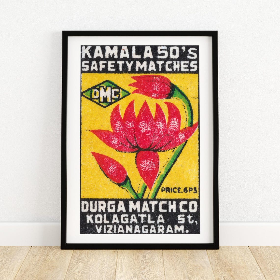 Kamala Safety Matches Red Flower Vintage Indian Matchbox Art Poster