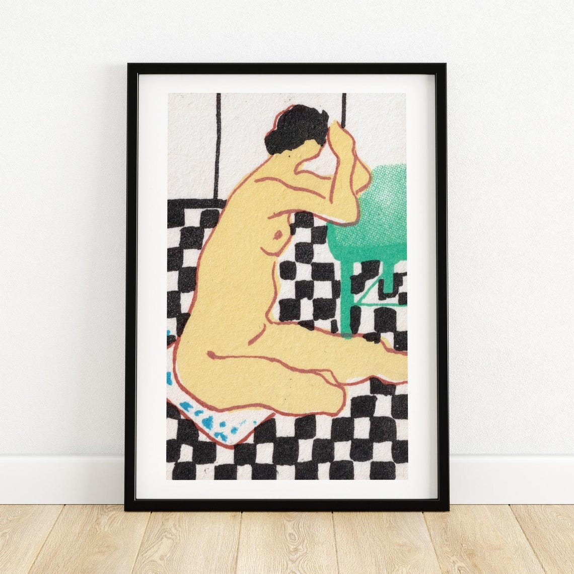Seated Nude Woman Checkered Floor Vintage Figurative Art Print