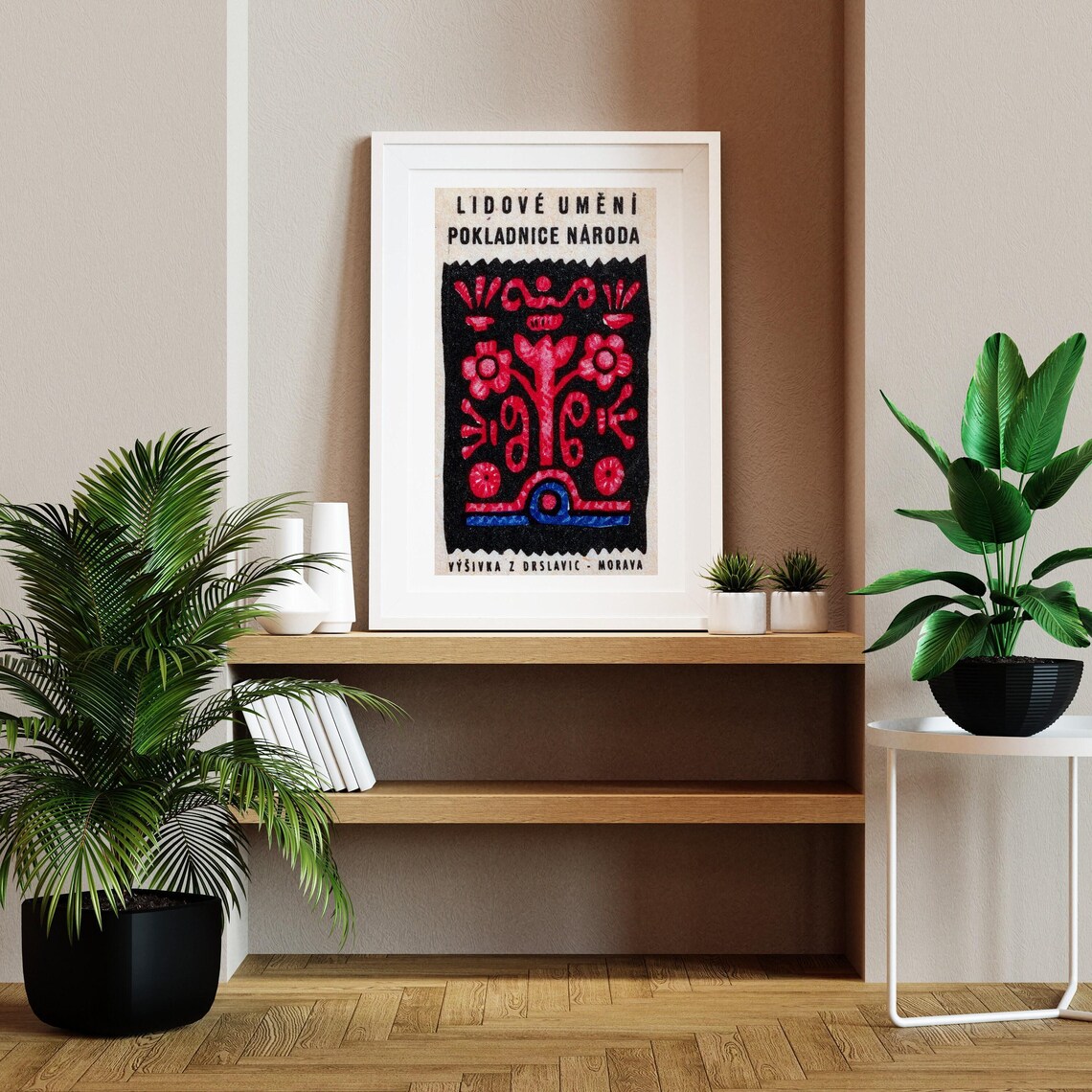 Red Flower Matchbox Folk Art, Vintage Czech Poster - Image 2