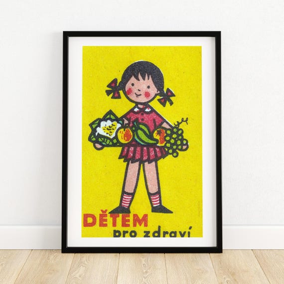 Girl Holding Platter Of Fruits Matchbox Print Czech Wall Art Vintage Czech Art Matchbox Wall Poster Vintage Poster Print