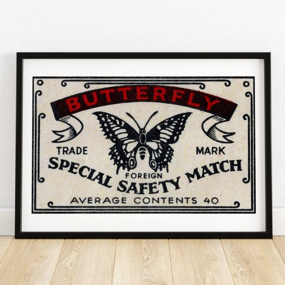 Black Butterfly Matchbox Print Czech Wall Art Vintage Czech Art Matchbox Wall Poster Vintage Poster Print