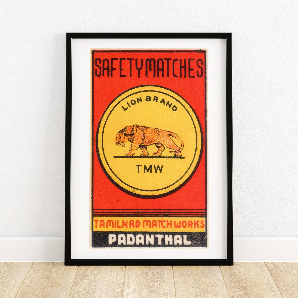 Lion Brand Tamil Nadu Indian Safety Matches Red Label Vintage Poster