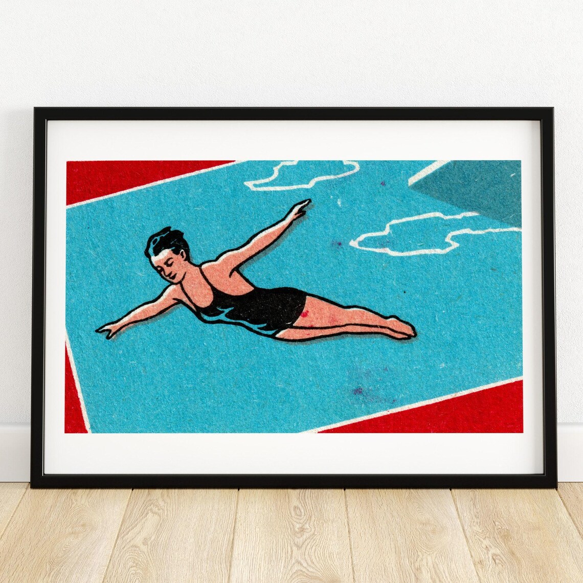 Mid Century Woman Diver Retro Swimming Illustration Art Poster