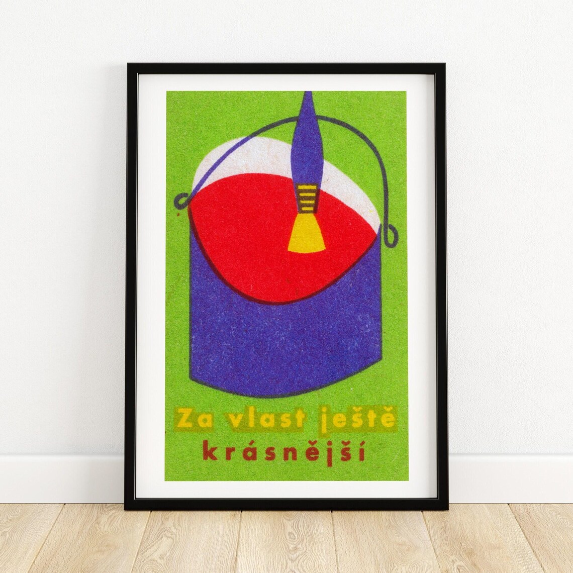 Bold Red Paint Bucket With Brush Za Vlast Vintage Czech Label Poster