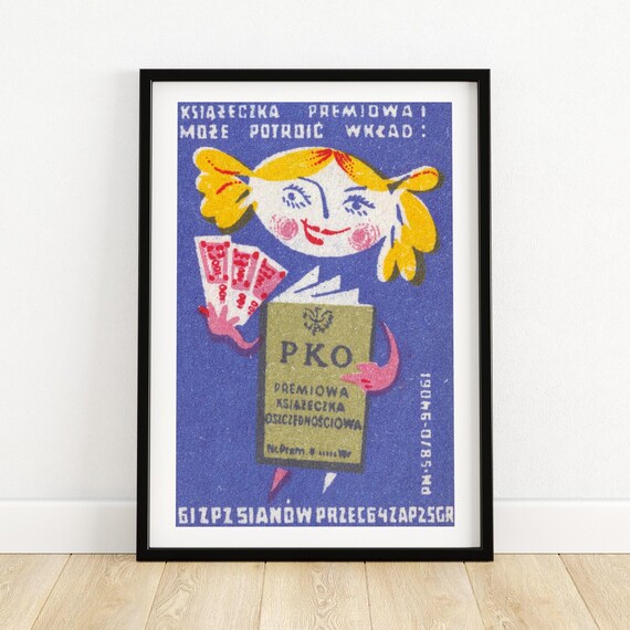 Polish PKO Savings Girl Retro Vintage Matchbox Label Art Poster