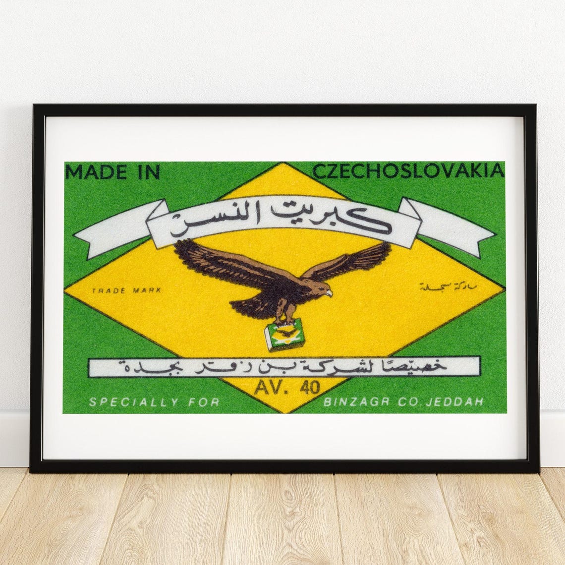 Binzagr Jeddah Eagle Trade Mark Czechoslovakia Vintage Matchbox Poster