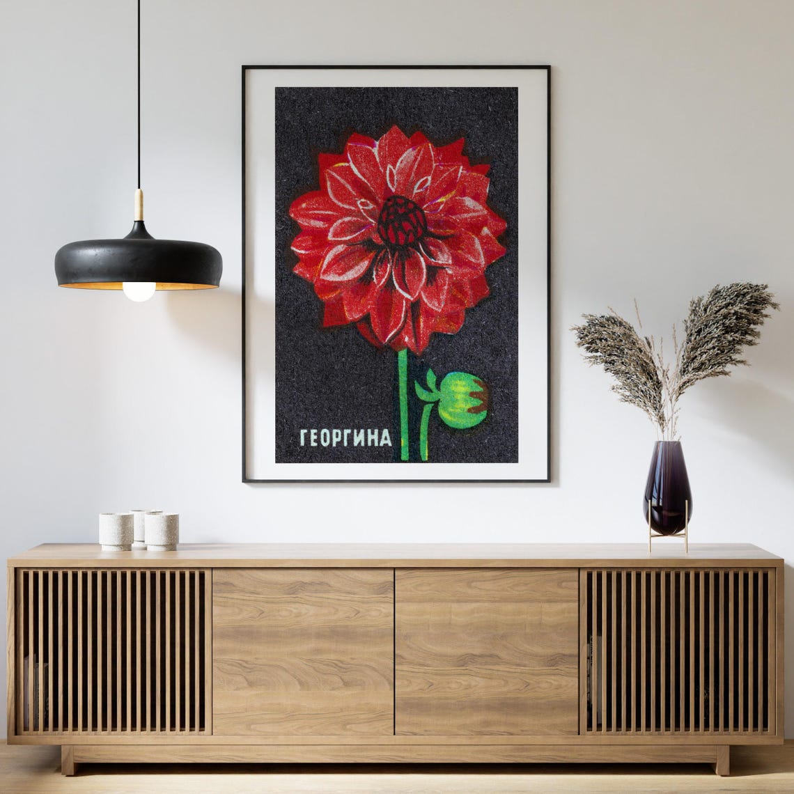 Red Dahlia Flower on Black Vintage Soviet Matchbox Botanical Poster - Image 4