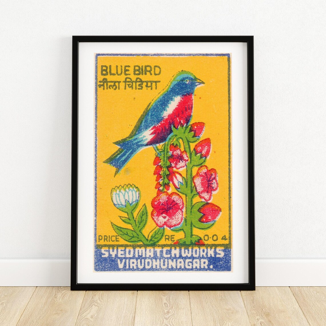 Blue Bird Flower Branch Indian Matchbox Label Vintage Bird Art Poster
