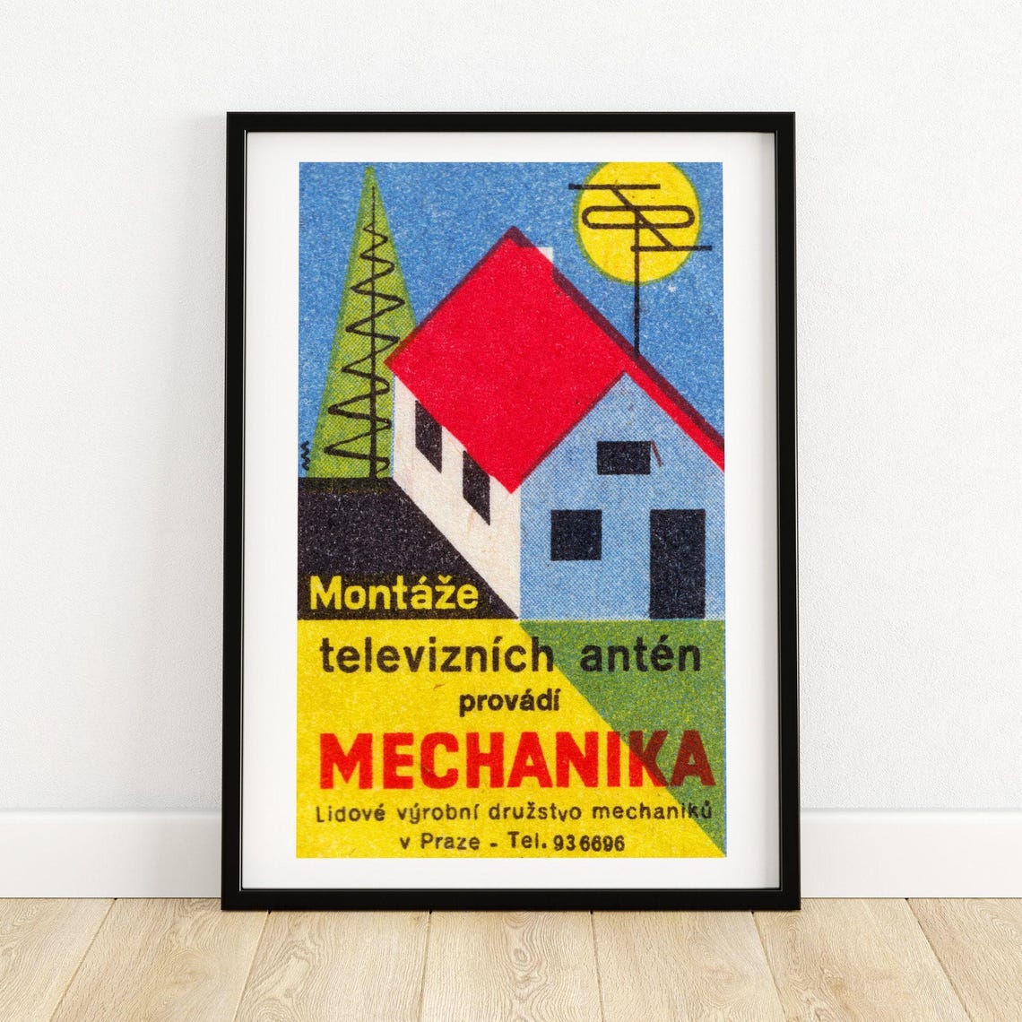 Mechanika TV Antenna Installation Prague Vintage Label Poster
