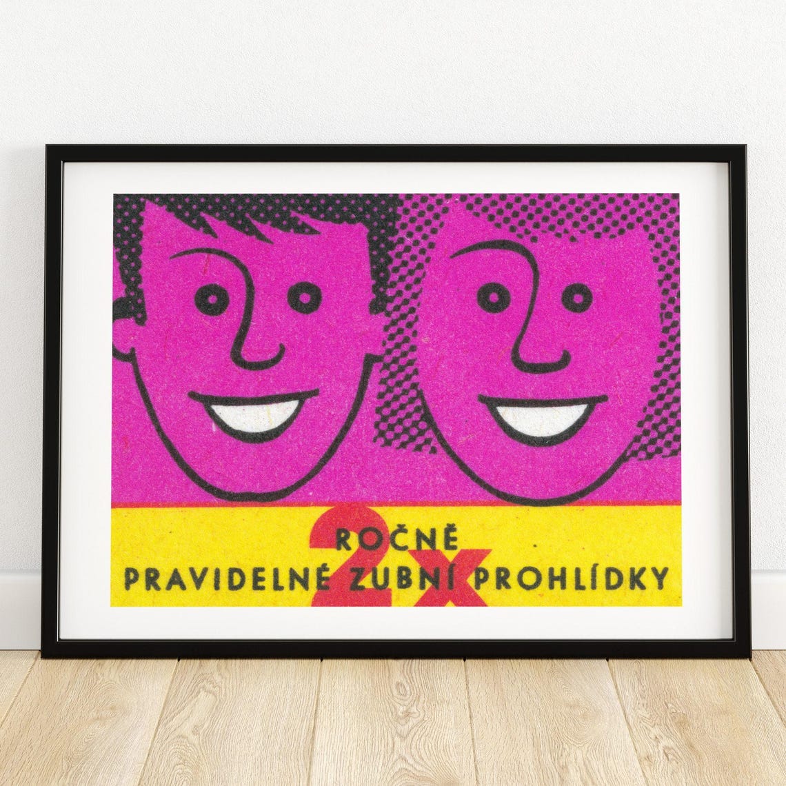 Twice Yearly Dental Checkups Smiling Faces Matchbox Label Poster