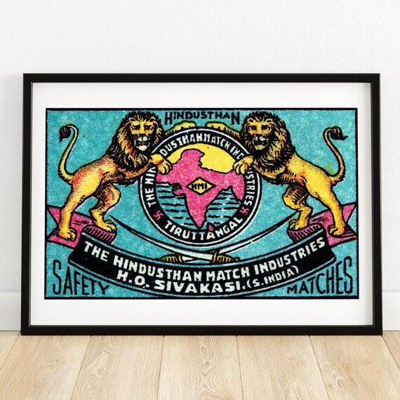 Hindusthan Two Lions India Map Vintage Safety Matches Label Poster