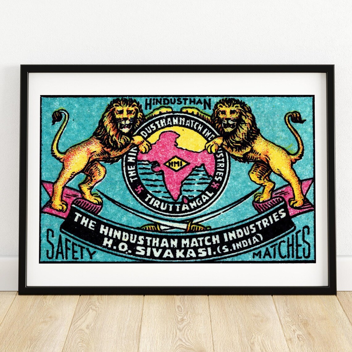 Hindusthan Two Lions India Map Vintage Safety Matches Label Poster
