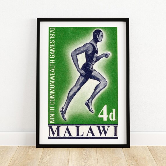 Running Athlete Vintage Malawi Art Postage Stamp Print Aesthetic Wall Art Postage Stamp Wall Poster Vintage African Art