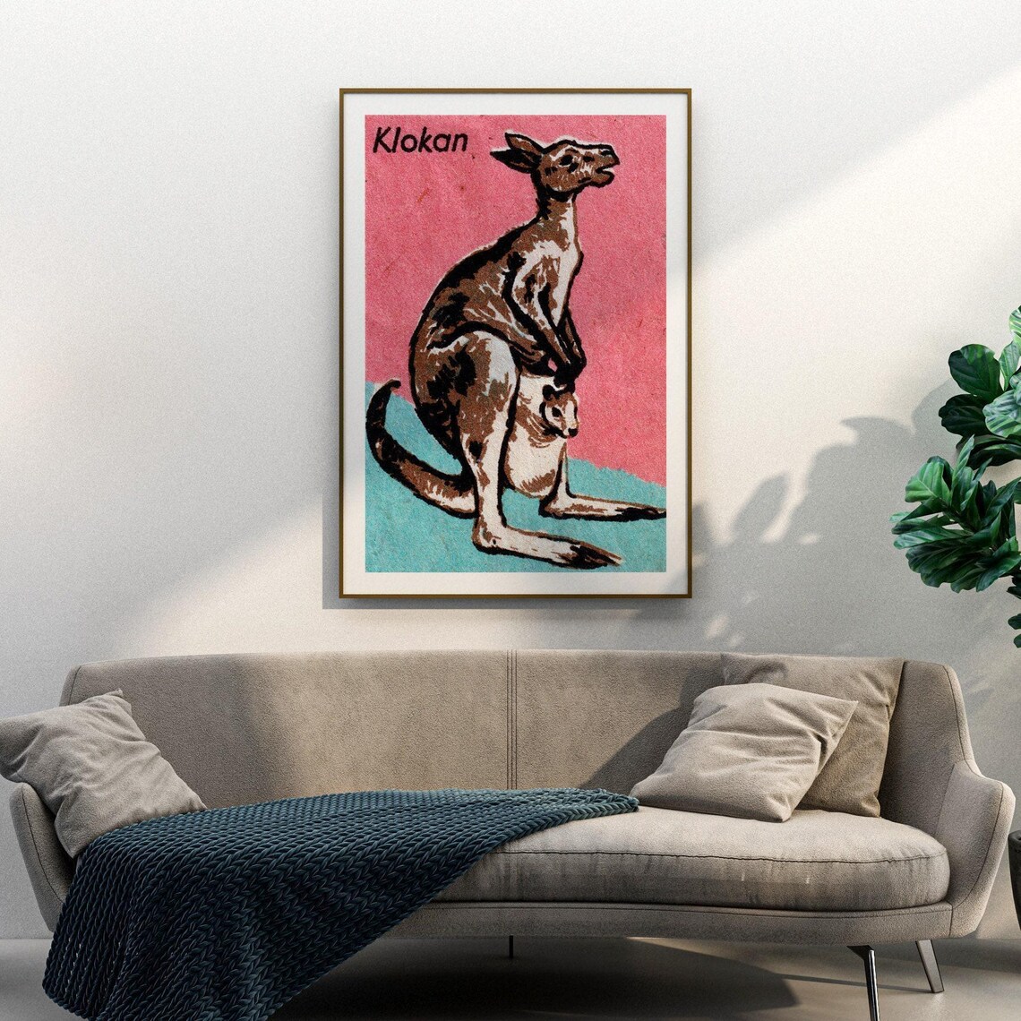 Klokan Kangaroo Joey Pink Vintage Czech Matchbox Animal Art Poster - Image 3