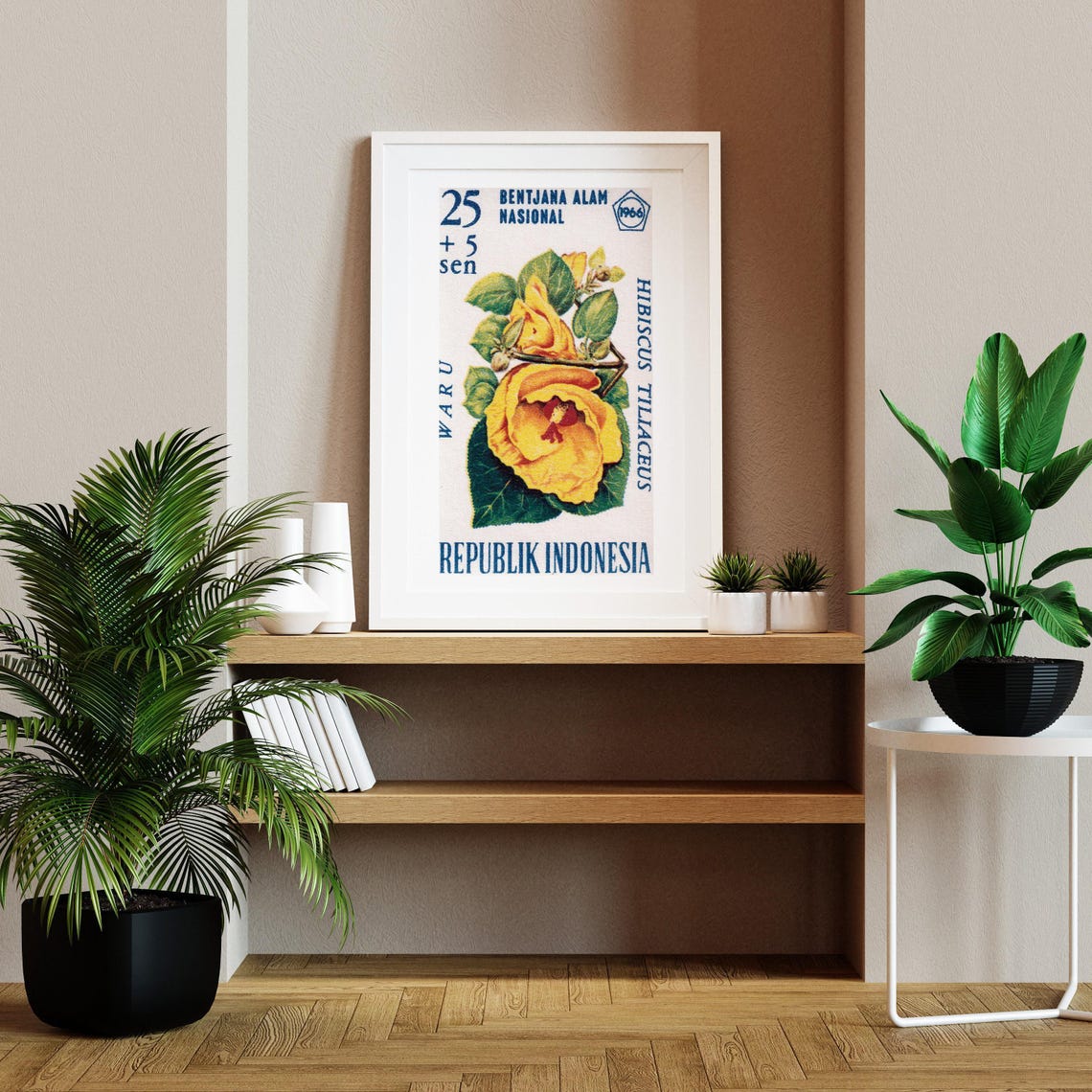 1966 Indonesia Waru Hibiscus Tiliaceus Stamp Botanical Poster - Image 2
