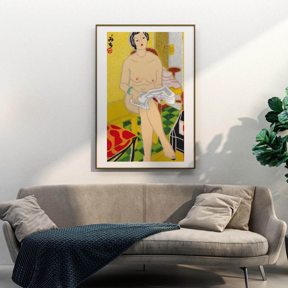 Japanese Woodblock Nude Woman Reading Newspaper Yellow Room Art Poster - Image 3