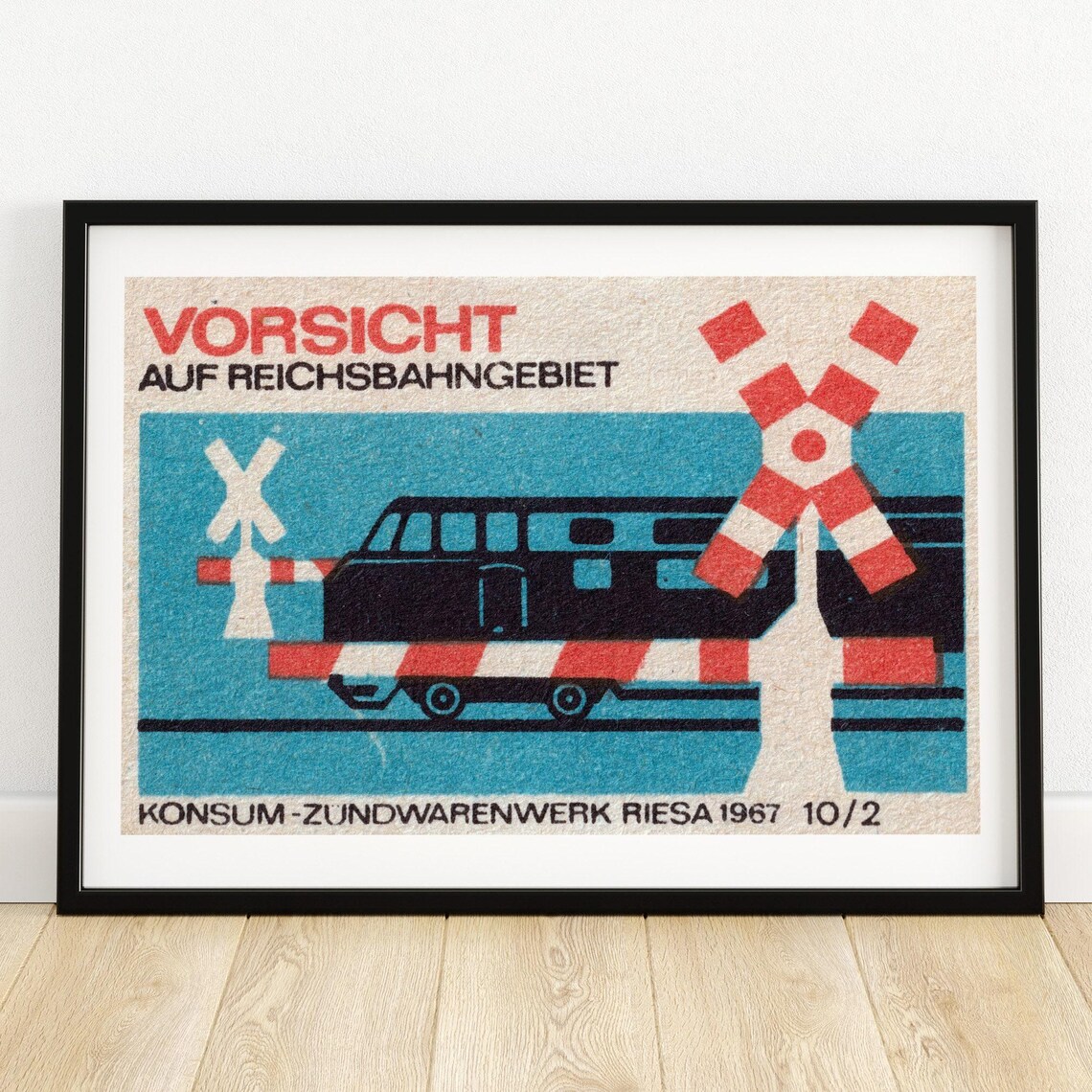 Vorsicht Railroad Crossing 1967 German Matchbox Label Vintage Poster