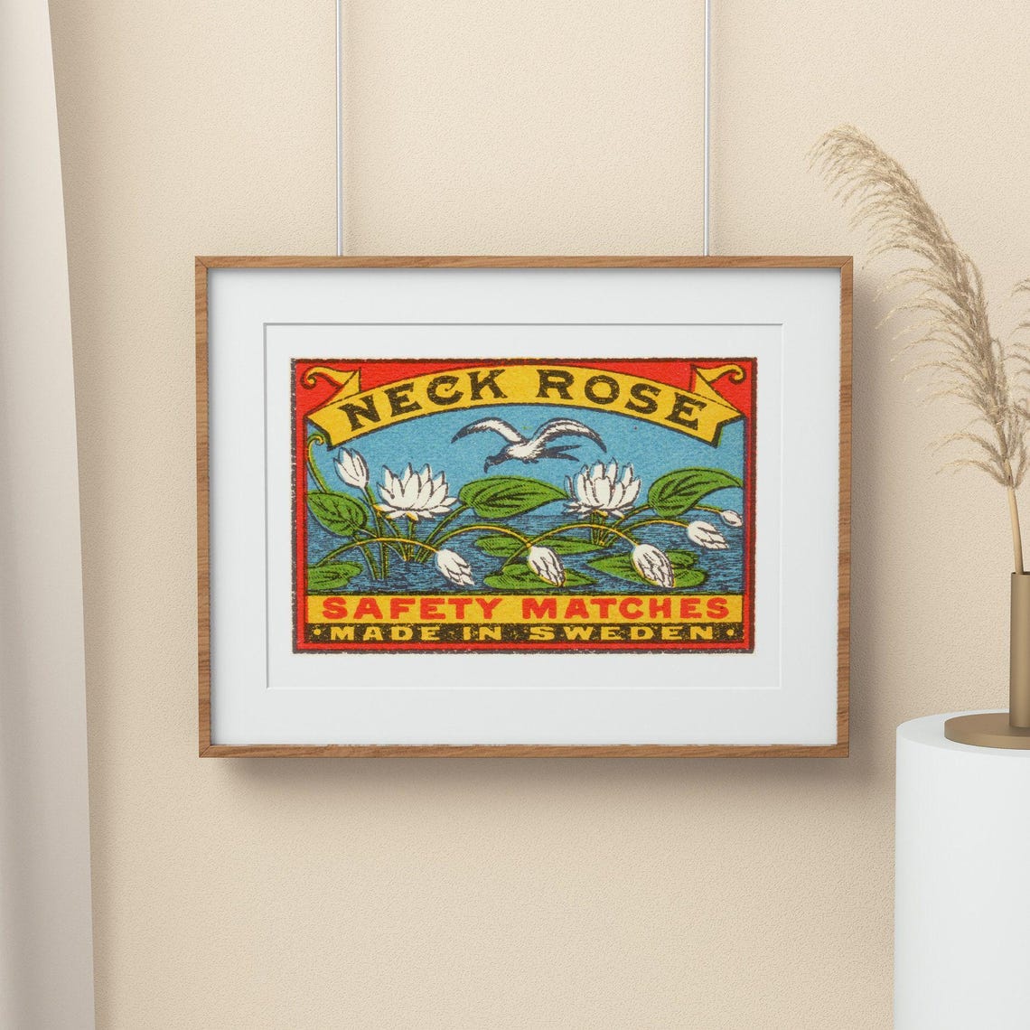 Neck Rose Water Lilies Vintage Swedish Safety Matches Label Poster - Image 2