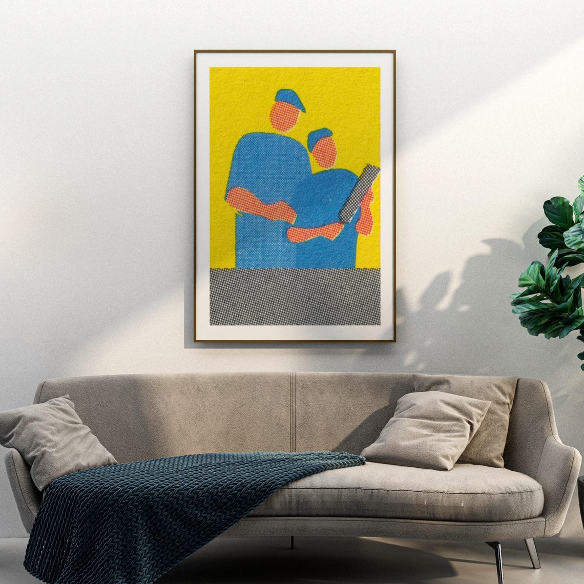Two Workers Blueprint Halftone Yellow Vintage Matchbox Poster - Image 3