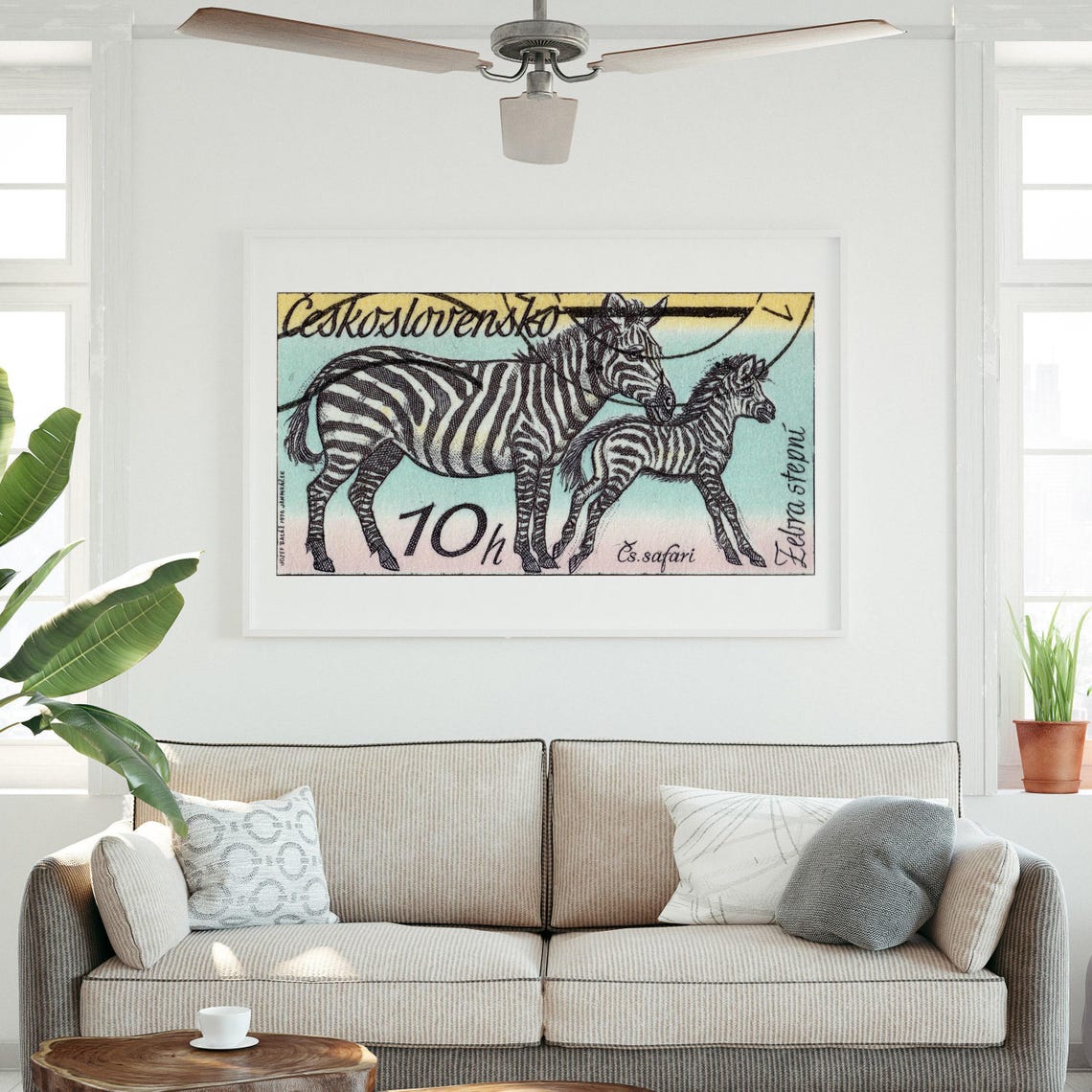 Czechoslovakia Zebra Stepni Safari Mother Foal Stamp Art Poster - Image 3