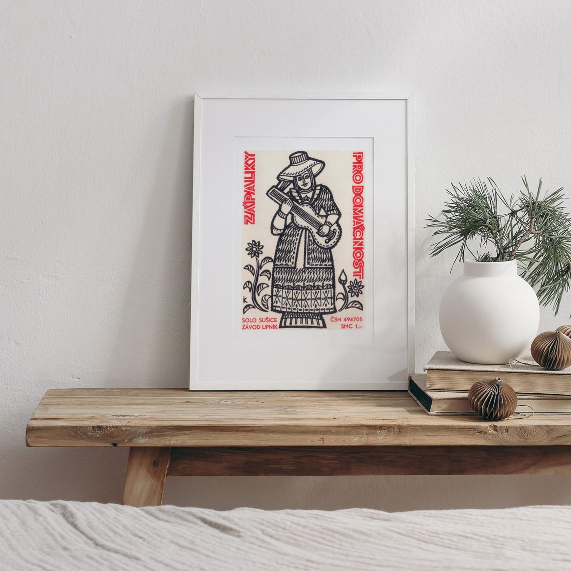 Folk Woman Guitar Vintage Czech Matchbox Label Folk Music Art Poster - Image 3