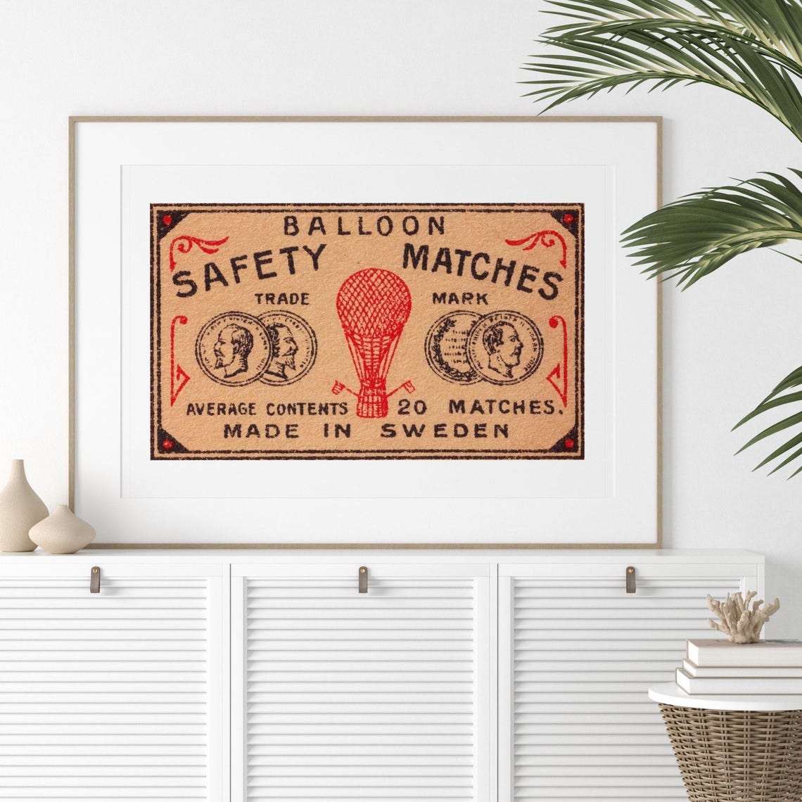 Red Hot Air Balloon Vintage Swedish Matchbox Label Art Poster - Image 2